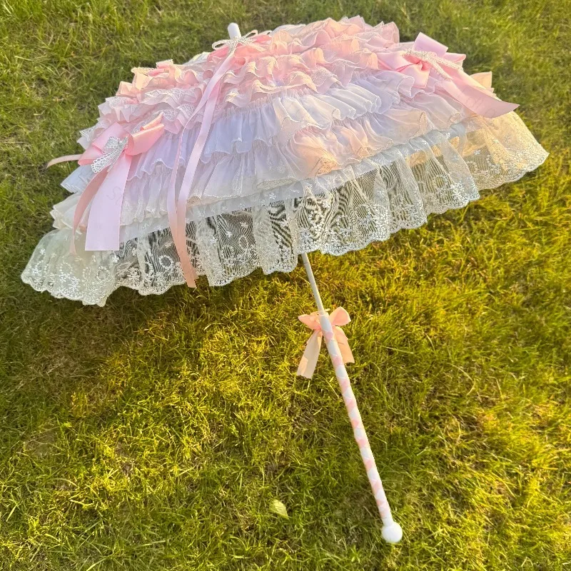 Pink White Butterfly Umbrella Handmade Lace Photo Prop For Tea Party Cosplay Photography Lightweight Portable Decoration