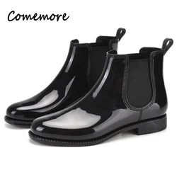 Comemore Rain Boot Waterproof Round Toe Elastic Band Low Heels Fashion Non-slip Ladies Rubber Shoes Women Chelsea Ankle Boots 41