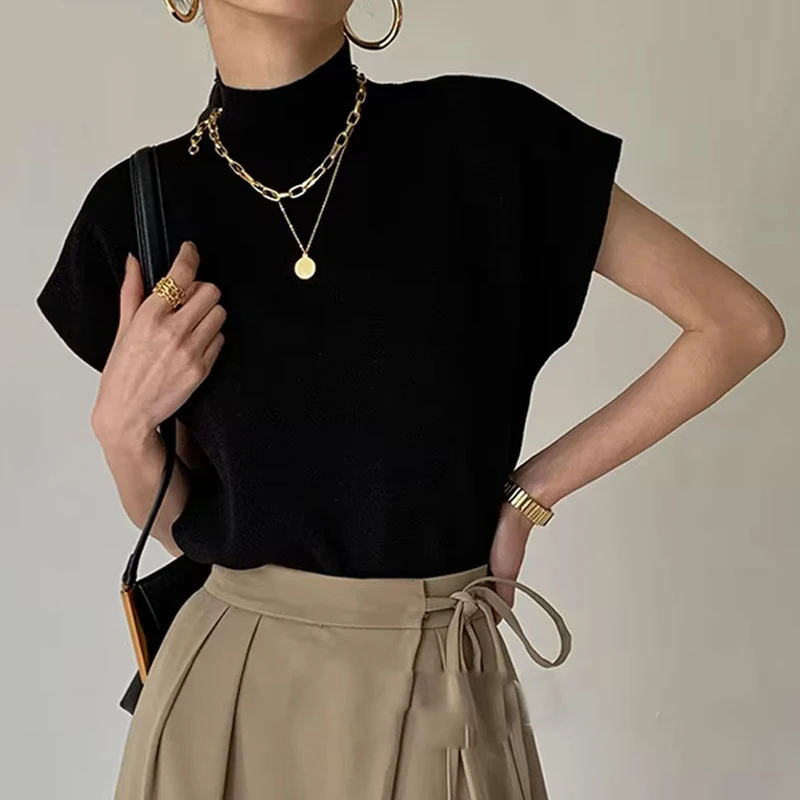 موضة الوقوف طوق سليم المرأة محبوك سترة فضفاضة الصلبة أنيقة مستقيم القمم قصيرة الأكمام مكتب سيدة تي شيرت قميص فضفاض #2