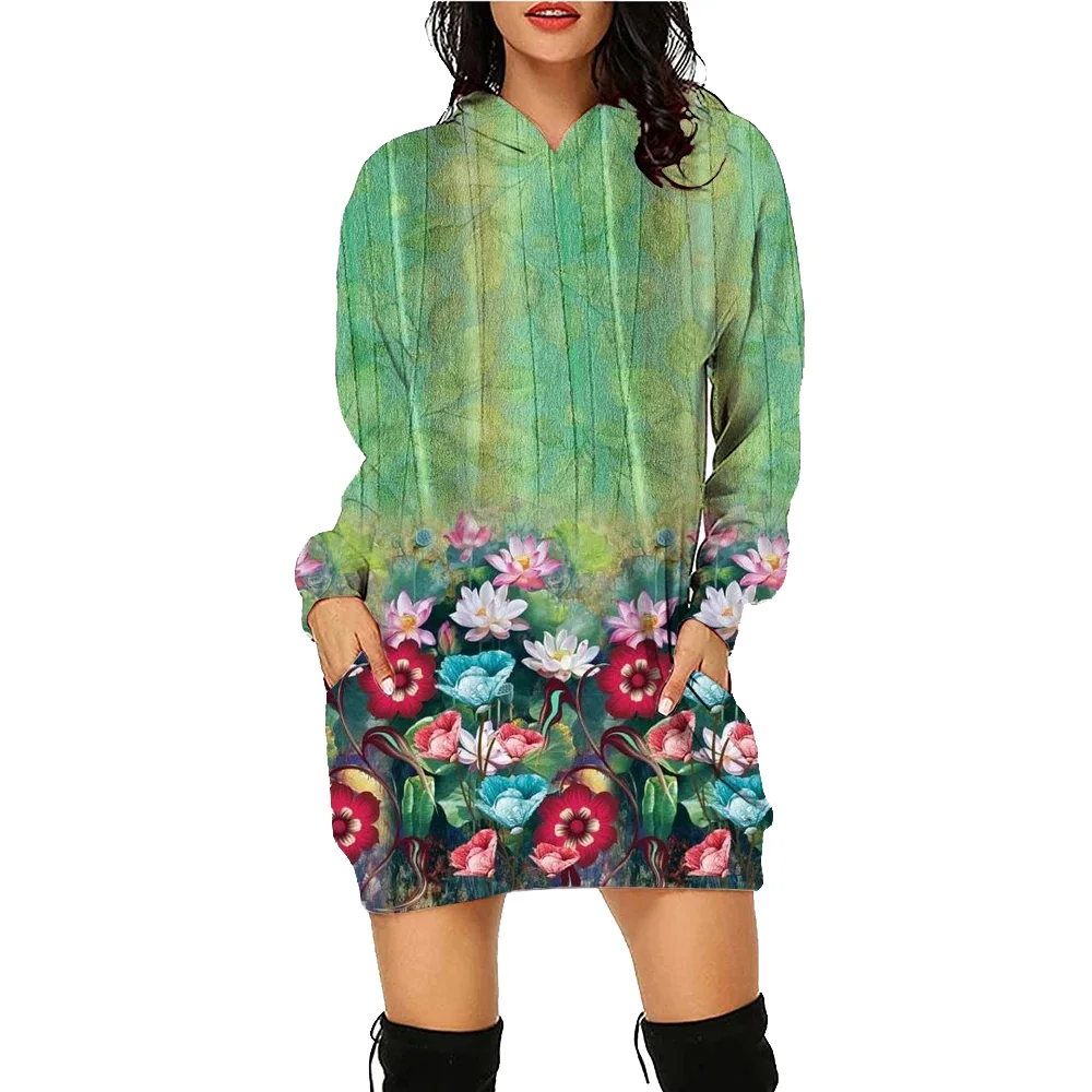 Butterfly Flower Printed Hoodie Dress Women's Floral Top Workout Sweatshirt Long Sleeve Pullover Autumn Loose Tee Traf Vestidos