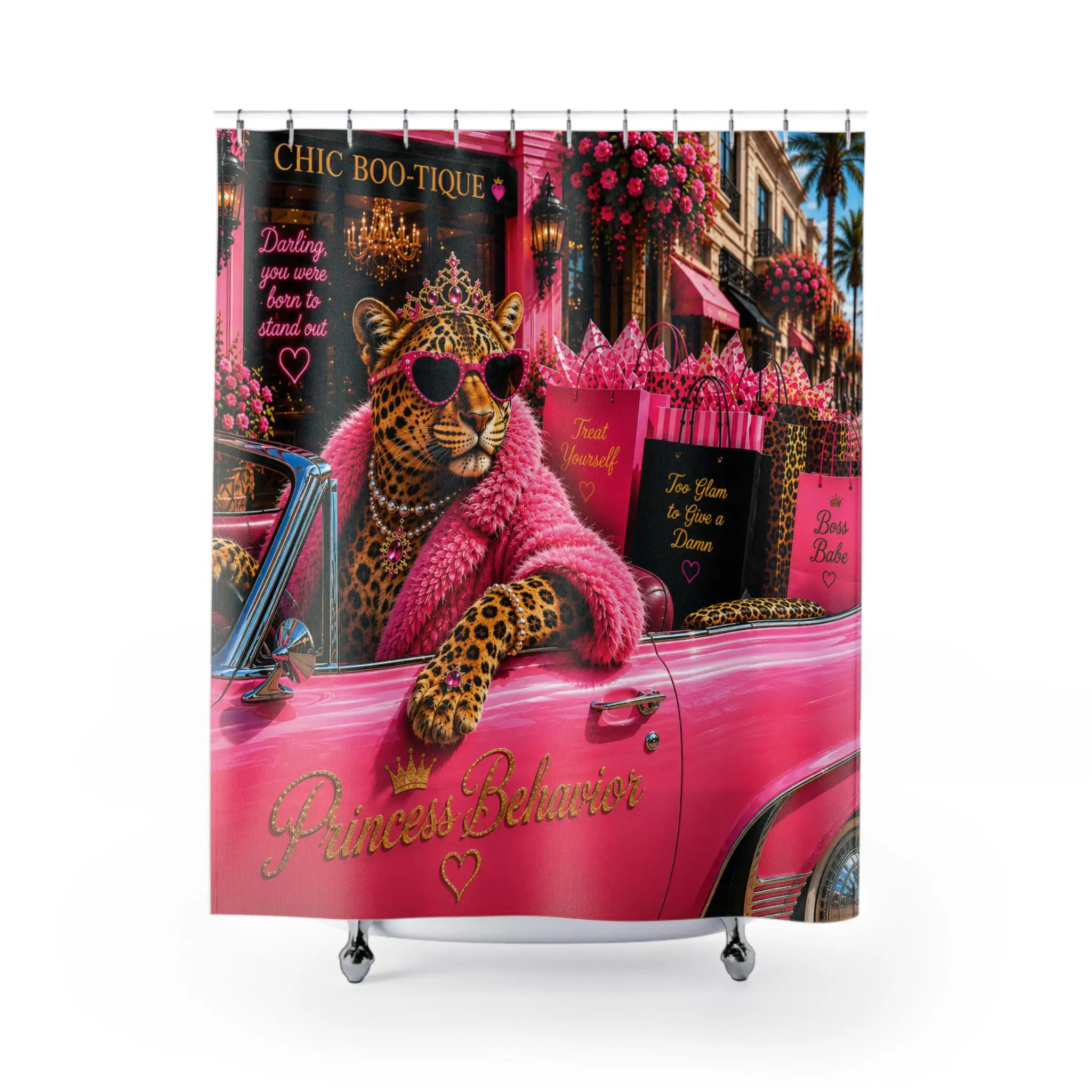 Princess Behavior Pink Car Bathroom Shower Curtain Novelty Pop Culture Decor for Bathroom Vanity Area