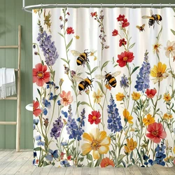 Colorful Flowers Shower Curtain for Bathroom Pink Floral Romantic Wildflower Plants Nature Scenery Decoration Curtain with Hooks