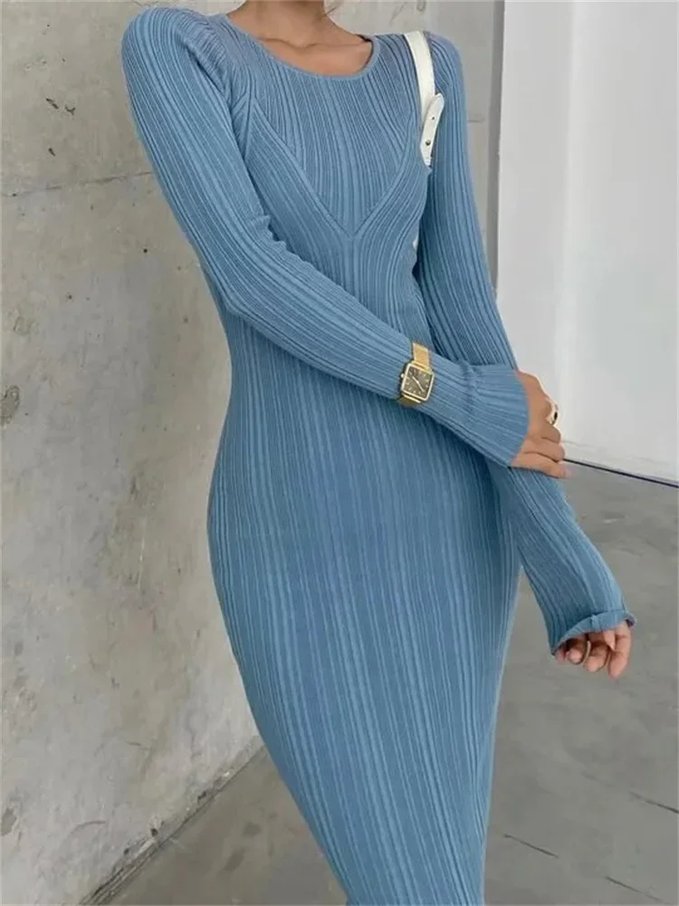 

Autumn Fashion Slim Long Dress Female Knitwear Slim High Waist Patchwork Long Sleeve Elegant Party Dress Ladies Knit Dress