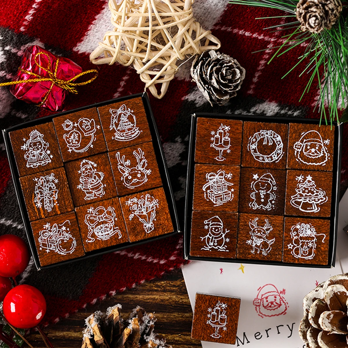 

9pcs/box, Christmas theme wooden stamps for Christmas photo albums, brochures and greeting cards to decorate holiday supplies
