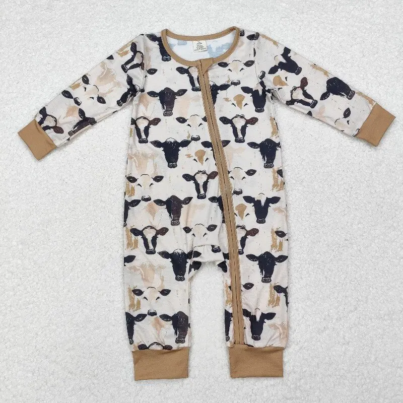 8.21y Bamboo Baby Boys Romper Blue Zipper Long Sleeve Onesie Wholesale Dog Boutique Style for Infants