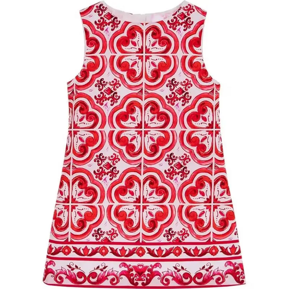 

2023 Latest Style Girls' Printed Tank Top Skirt Blue Red Retro Pattern Sleeveless Dress Hot Sale Wholesale DD2025