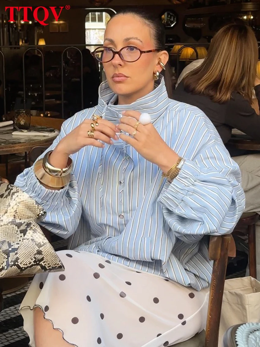 Women's Stripe Print Turtleneck Long Sleeve Shirt Top