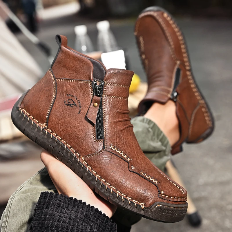 New Mens Genuine Leather Shoes Luxury Slip on Shoe Handmade Ankle Boots Comfortable Winter Fashion Mid Cut Handmade Zipper Shoes