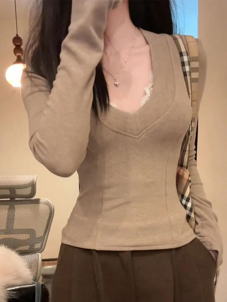 Retro American Elastic Long Sve Damen-T-Shirt für den Frühherbst, Pure Desire Fibone-Muster, schmale Passform, Innenbekleidung, Oberteil