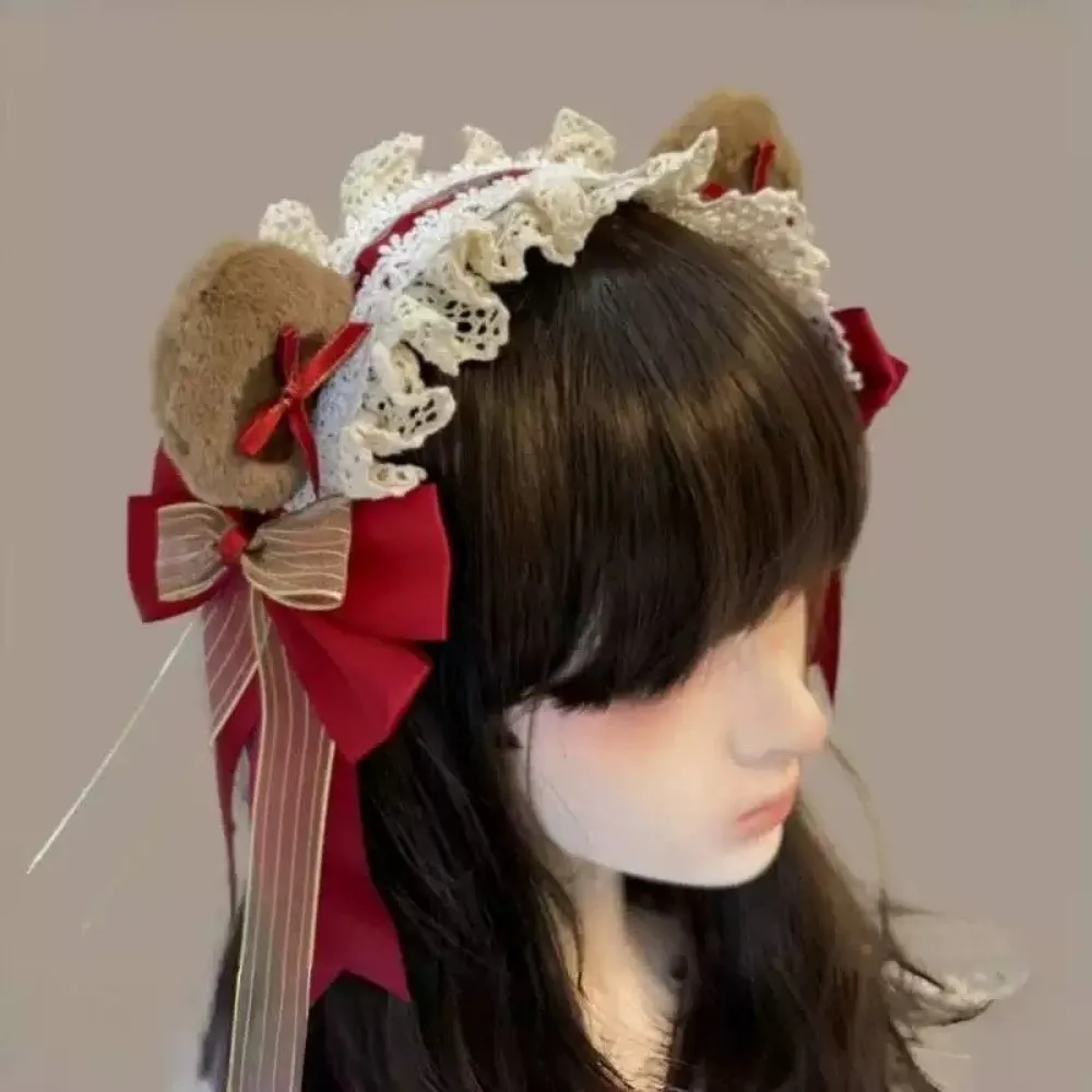 Casual Lace Ruffle Bear Ear Headband Fluffy Plush Big Bow Lolita Headband Sweet Cute Style Cosplay Hair Accessory Daily Dress-up