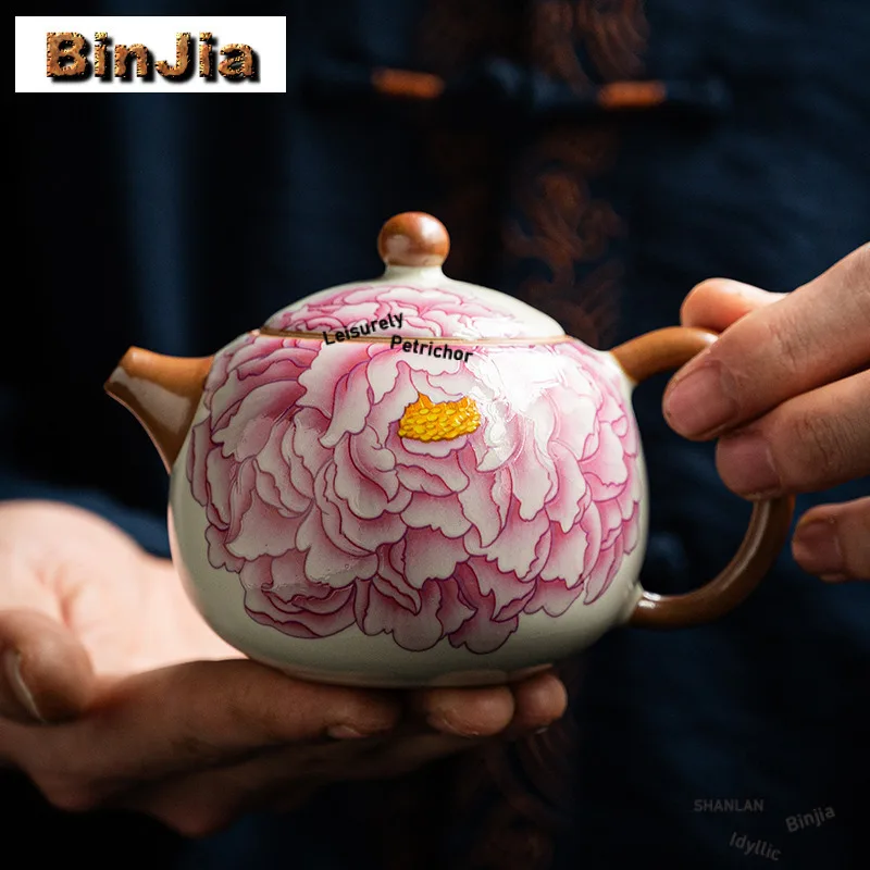 

220ml Pink Peony Ru Kiln Porcelain Xishi Teapot Vintage Tea Infuser Pot Tea Maker Kettle With Filter Tea Ceremony Decoration