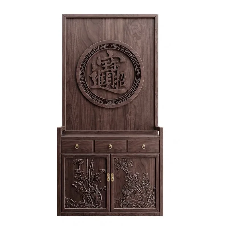 New Chinese-style entrance, screen partition entry, living room is facing the door, blocking relief and treasure, solid wood