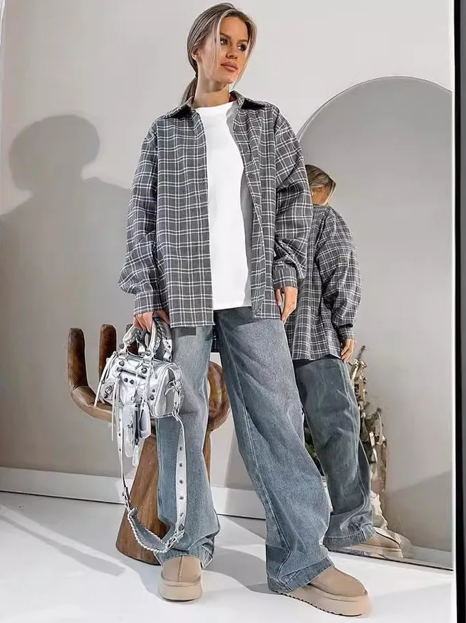 여성용 루즈핏 체크 카라 셔츠 캐주얼 슬레 패치워크 롱 슬리브 레귤러 얇은 여름 컬렉션 중국산