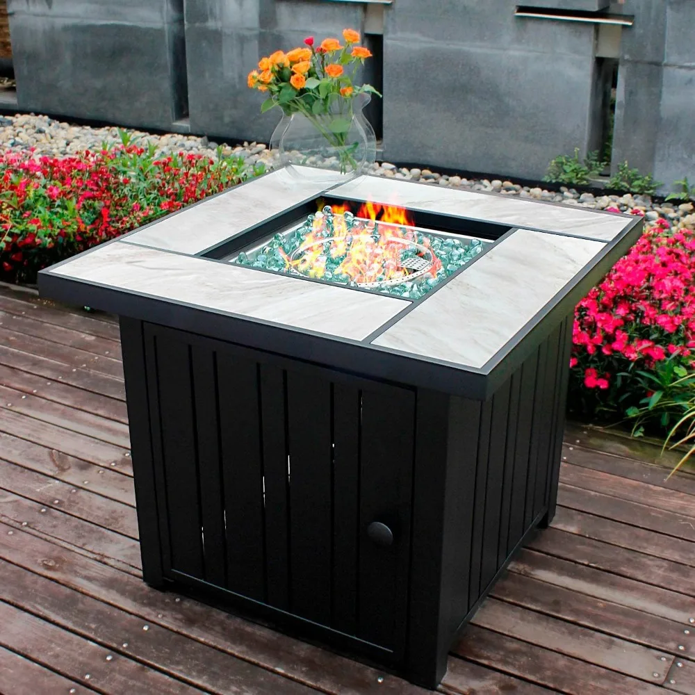 

30" Propane Fire Pit with Real Ceramic Tabletop, 50000 BTU Gas Firepit Table with Lid & Glass Rock, Outdoor Fire Pit for Dining