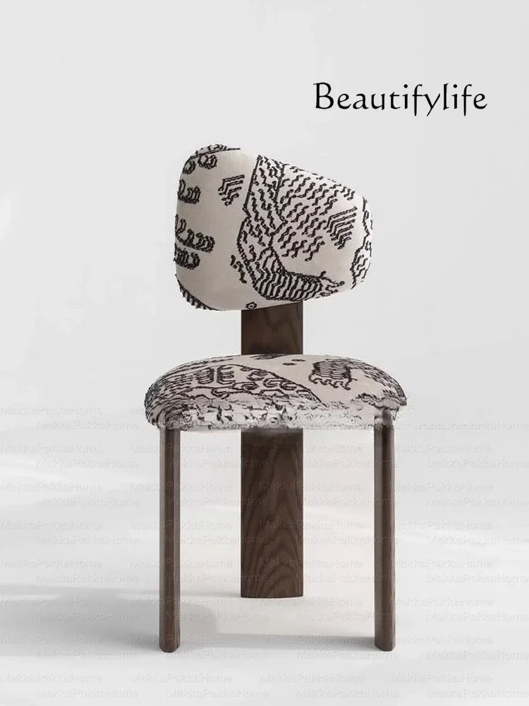 B4 French Retro Wind Tiger Mountain Pattern Solid Wood Dining Chair Household Medieval Light Luxury Makeup Chair Leisure Back Ch