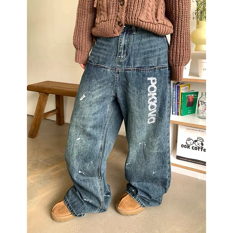 

Y2k женские синие мешковатые джинсы с высокой талией Harajuku винтажные джинсовые брюки оверсайз эстетический стиль 2000-х джинсы с буквенным принтом брюки