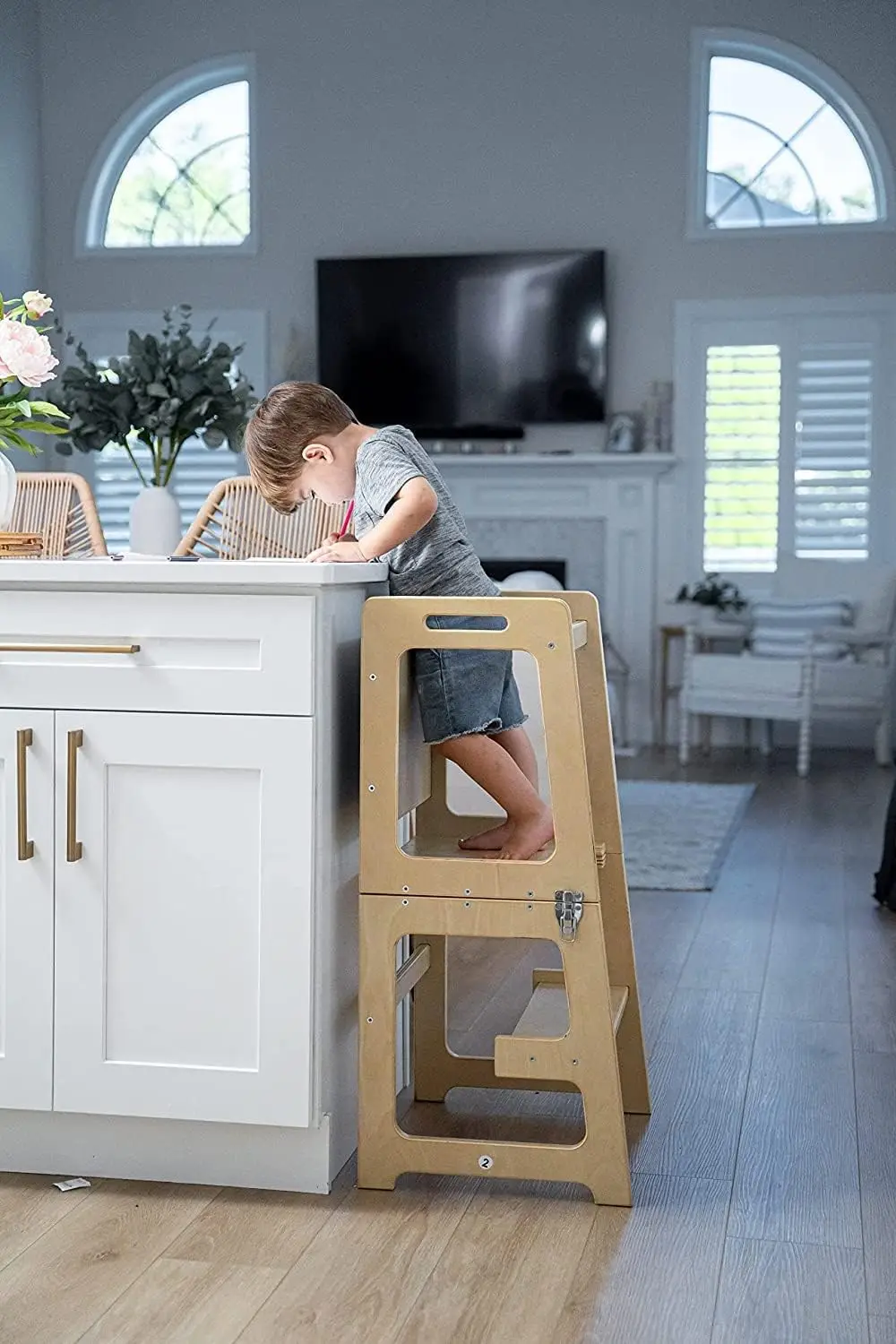 4-in-1 Foldable Kitchen Tower - Toddler Step Stool with Chalkboard, Desk Table and Chair - Waldorf and Montessori Kitchen Stool