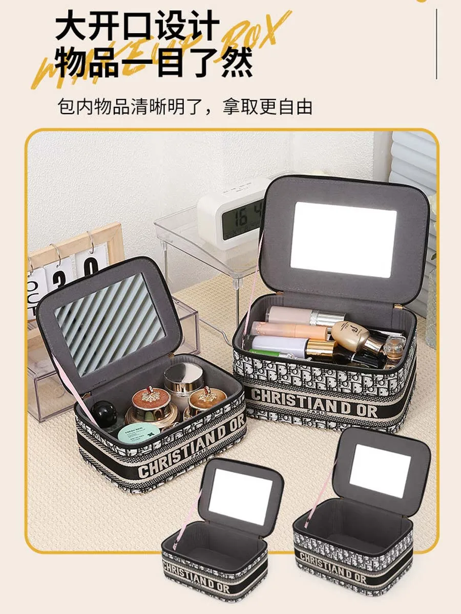 Makeup bag Women's new high-end PU leather travel portable super fire large capacity with large mirror cosmetics storage box