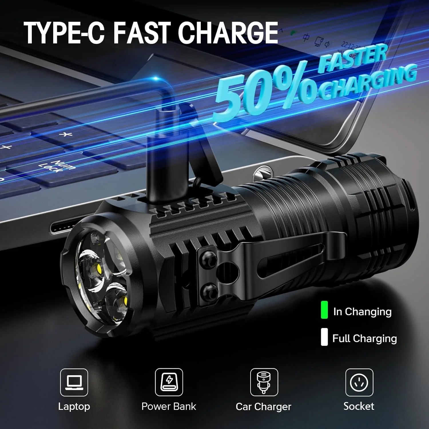 New 3 LED Mini Flashlight Powerful Tactical Torch Portable USB-C Rechargeable Handheld Lamp with Magnet Outdoor Camping Lantern