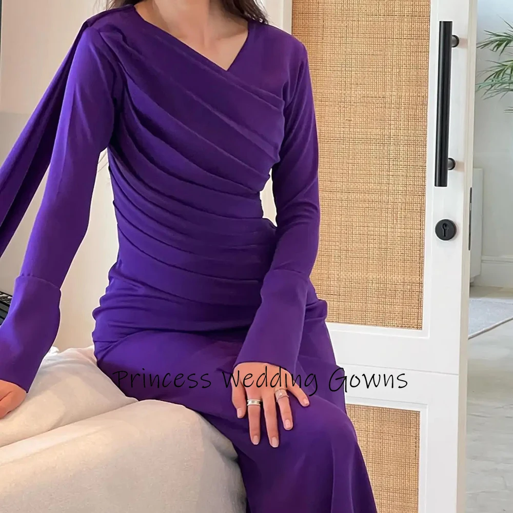 Customized Elegant High Quality Purple Evening Dresses V-Neck Ruffle Party Prom Dress Ankle Length Formal Occasion Gowns