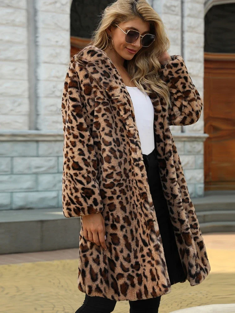 Women\'s Warm Faux Fur Long Coat Jackets Winter Leopard Leisure Long Jacket Women Thick Fluffy Luxury Bontjas Outerwear 2023