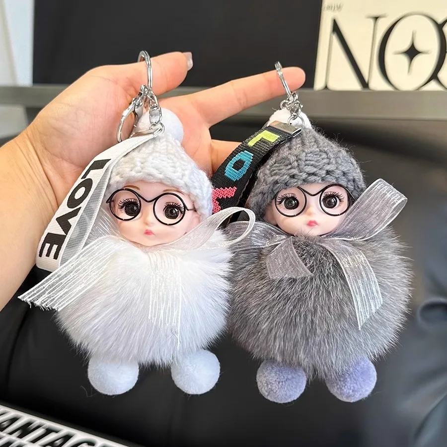 Lindo Mini llavero con pompón, colgante creativo de muñeco de piel de zorro a la moda para mujer, bolso, llavero de coche, regalo para niña, llavero de felpa bonito