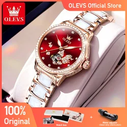 OLEVS, relojes para mujer, reloj de pulsera mecánico de moda de primeras marcas, reloj con esfera de anillo de taladro de carpa Koi de la suerte para mujer, cerámica resistente al agua