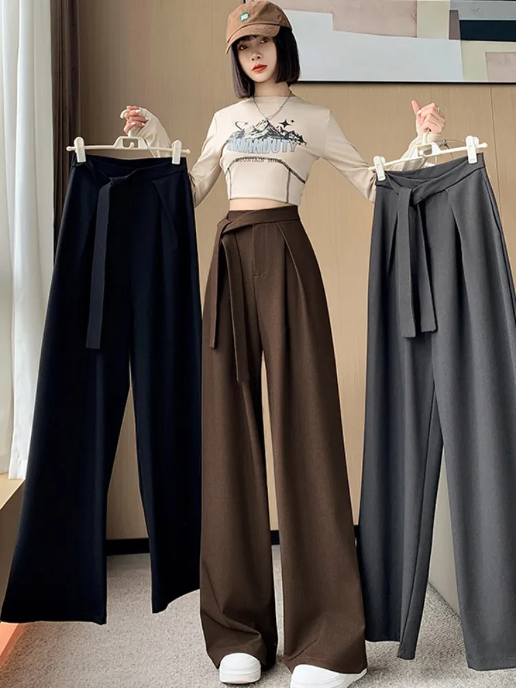 Hoge taille wijde pijpen pakbroek met riem Dames herfst winter ontwerp sensatie wollen casual broek Koreaanse Sle woon-werkverkeer Faion