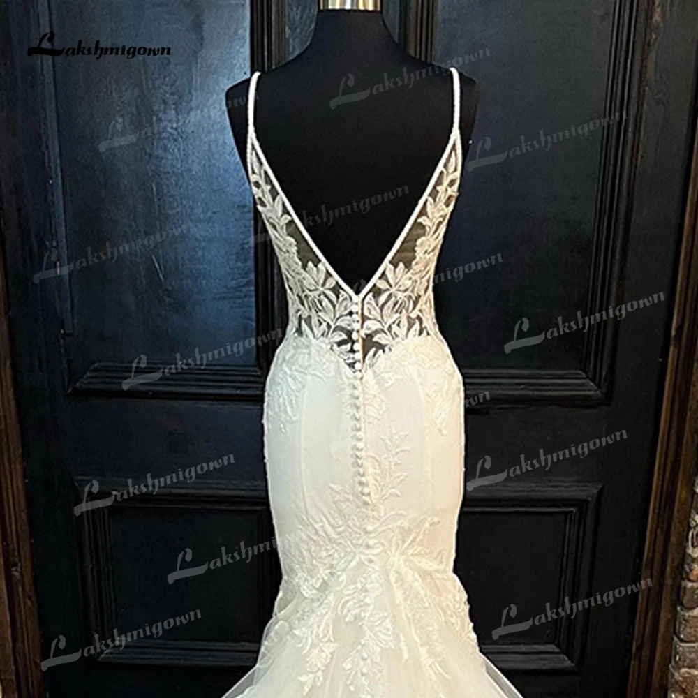 Robe De mariée sirène style Boho, Sexy, col en V, bretelles Spaghetti, dos nu, boutons en dentelle, avec des Appliques, pour femmes