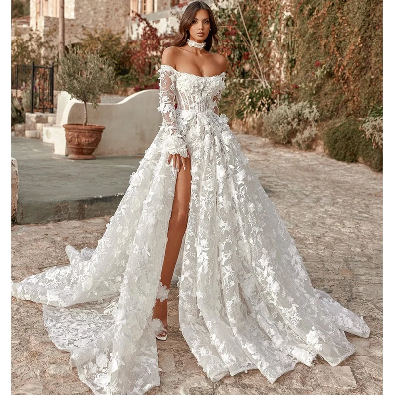 

Voluminous Flowers Wedding Dress Organza With Embroidery Ballgown Slit A Line Customized Boat Neckfull Sleeve Brid Dress Lace Up