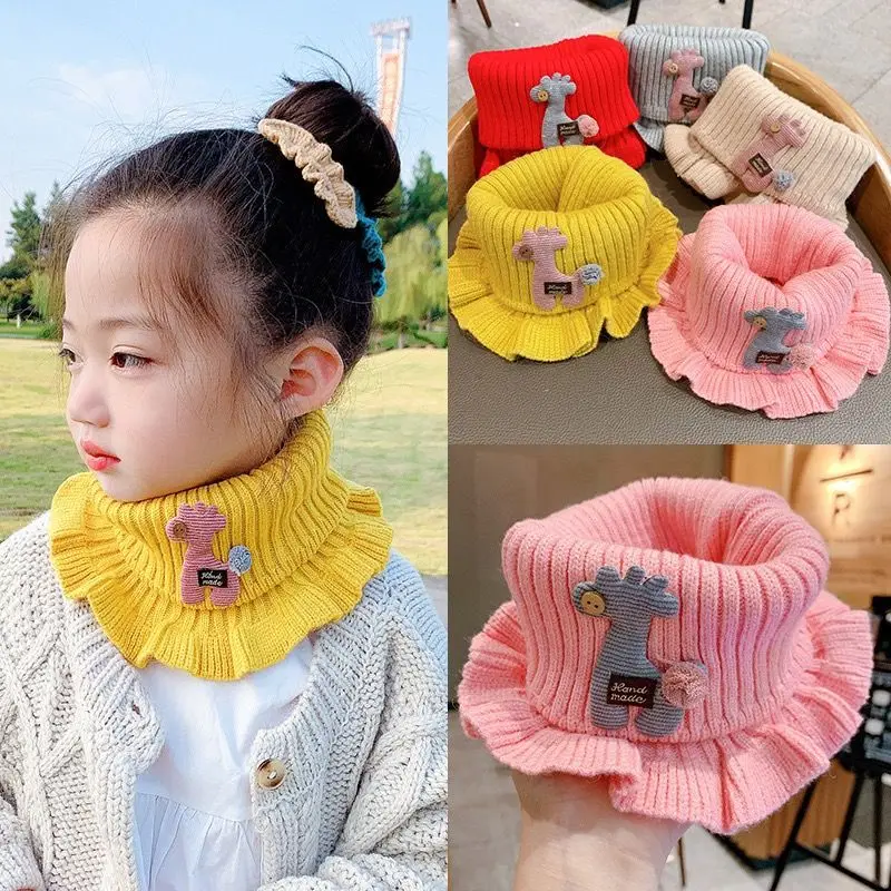 New Girls Baby Knitted Scarf Cartoon Giraffe Ruffle Neck Warmer Kids Warm Scarves Collar Circle Outdoor Winter Scarfs