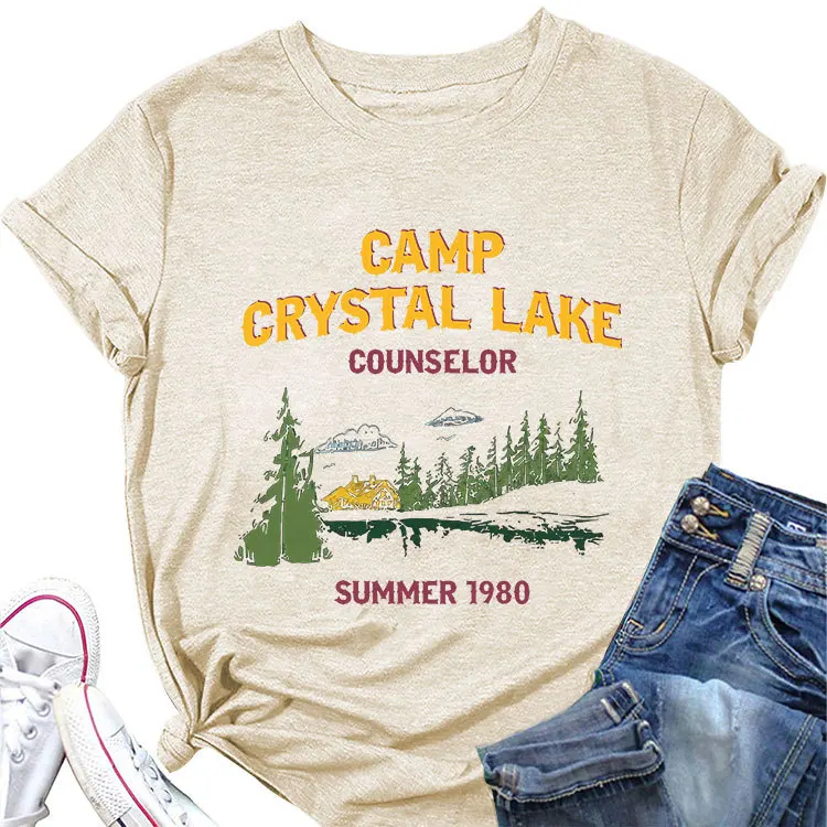 Summer new women's short-sleeved T-shirt camp crystal lake counselor printed loose round neck casual top with all fashion pullov