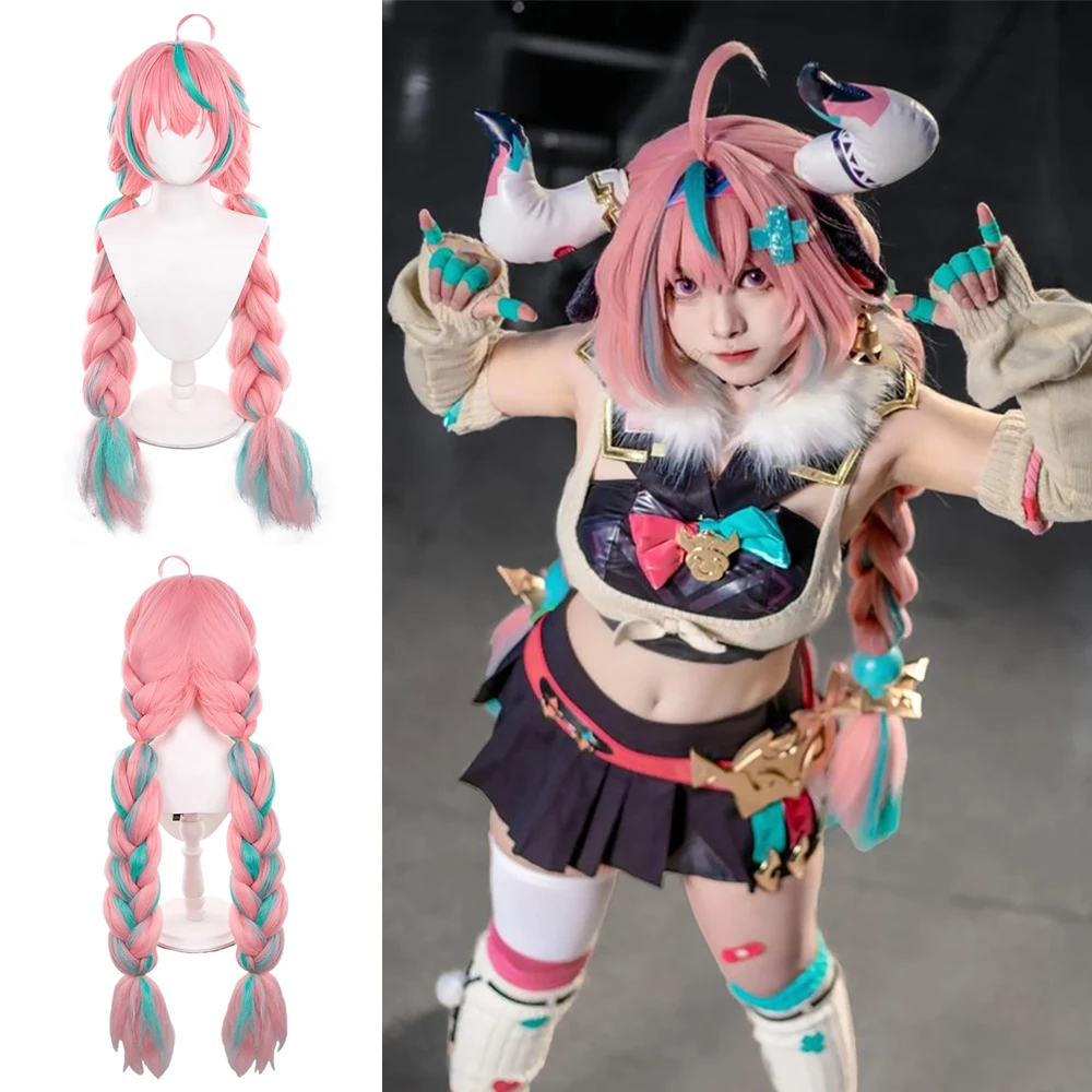 

Varesa Cosplay Synthetic Wig 38-Inch Halloween Daily Party Anime Game Comic Exhibition Pinkish-Green Braided Double Braids Hair