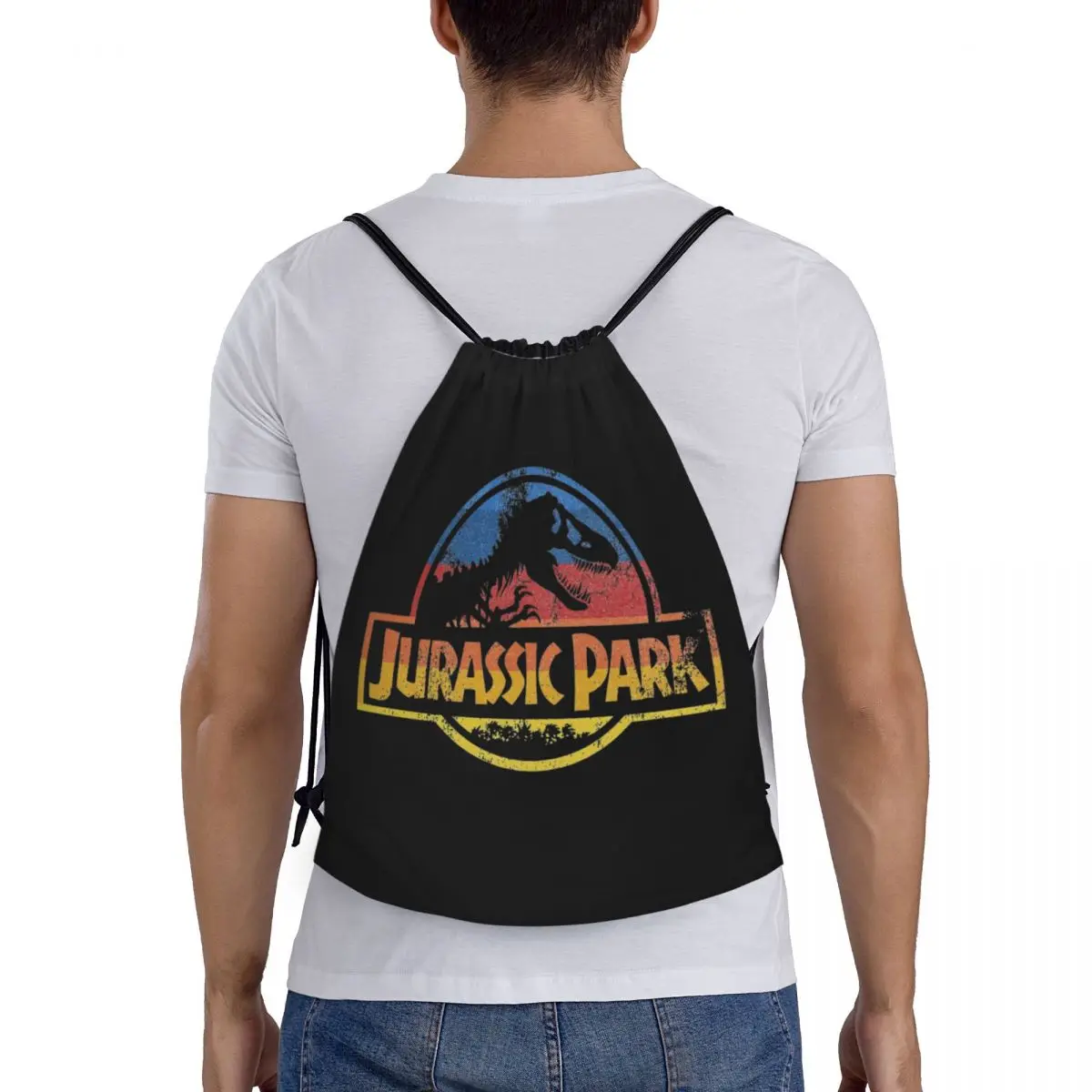 Jurassic Vintage Retro Stripe Film Trekkoord Rugzak Sport Gym Sackpack Touwtje Voor Wandelen