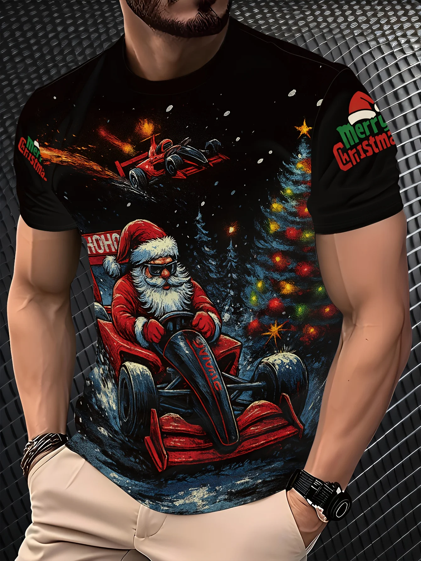 

New Year Party Beer Print Men's T-Shirts Christmas Elements Pattern Short Sleeve Tops Outdoor X'mas Party Pullover Men Clothing