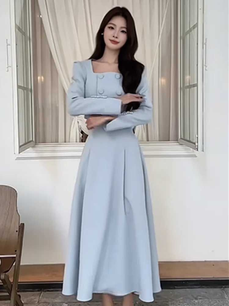 Pink Suit Set Women's Short Sleeveless Square Collar A-Line Skirt Suit Commute Style Regular Thickened Long Sleeve Suit