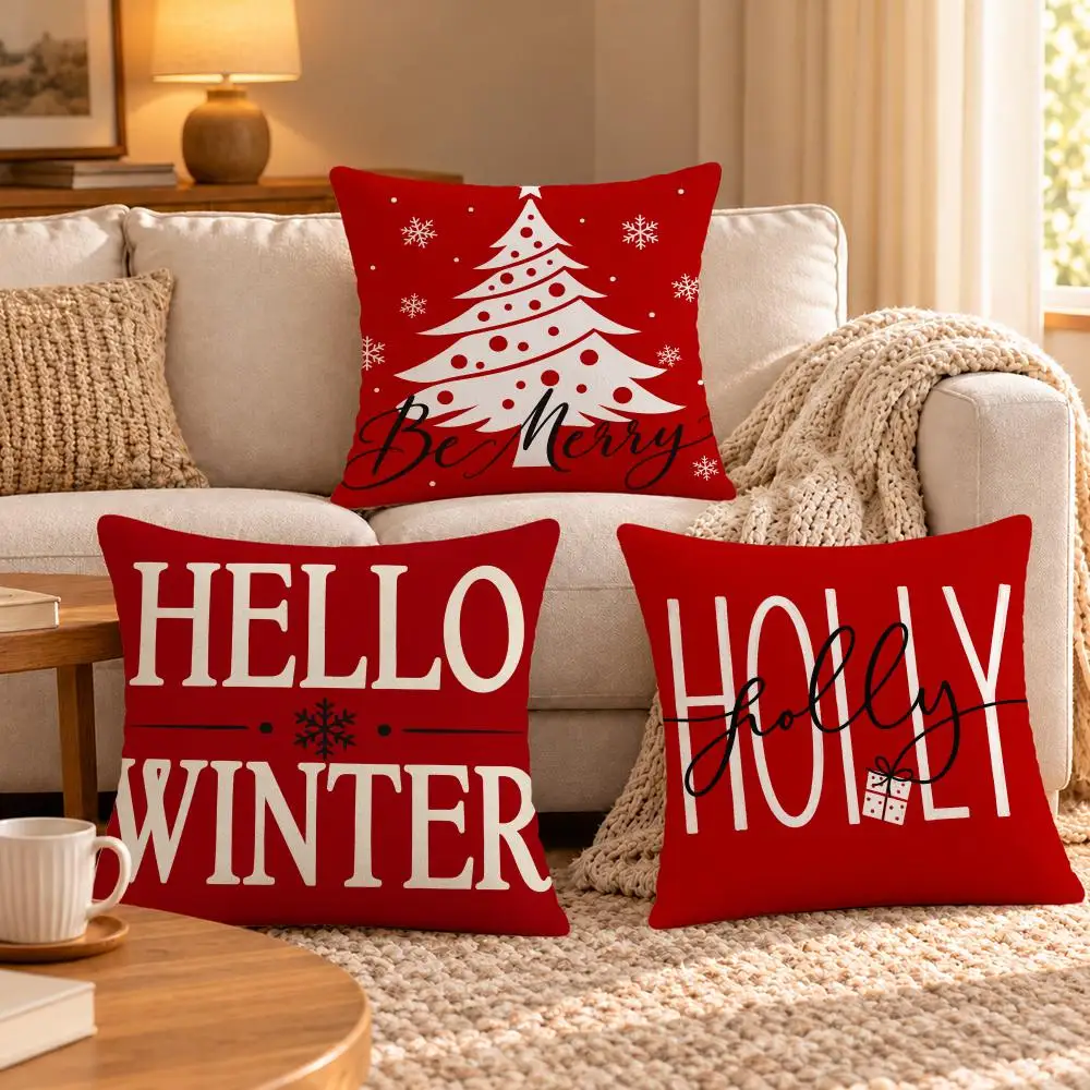 Holiday Modern Hello Winter Christmas Signs Cushion Cover Soft Short‑Plush Pillowcase, Sofa Bedroom Home Decor, Holiday Gift