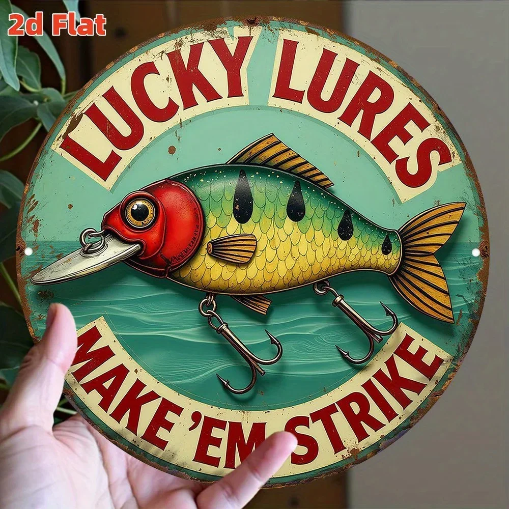 لافتة صيد السمك "Lucky Lures" - لوحة فنية جدارية كلاسيكية من الألومنيوم مع تصميم أسماك وخطافات ملونة، مقاومة للماء والغبار