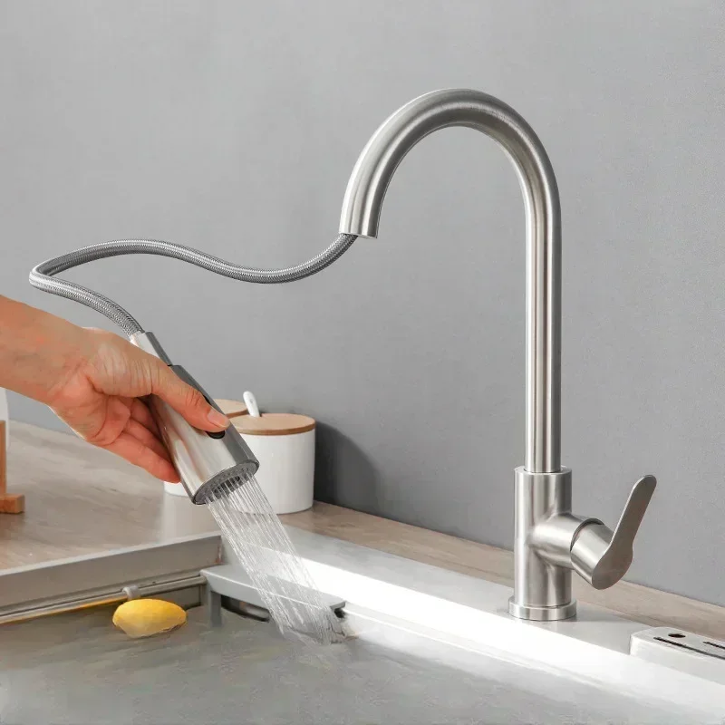 Brushed Nickel Kitchen Faucet Single Hole Pull Out Spout Kitchen Sink Mixer Tap Stream Sprayer Head Chrome/Black Mixer Tap image 6