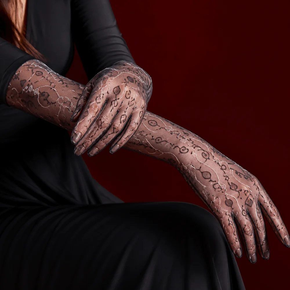 New Floral Five-Finger Glove Ultra Thin Elastic Stocking Glove Silky Smooth Sexy Oil Shiny Sheer Gloves Dance Performance