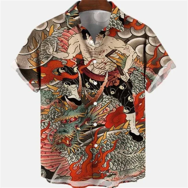 Summer Men\'s Dragon Pattern Element Shirt Social Casual Vintage Hawaiian Shirt 2023 New Oversize Short Sleeve Street Clothing