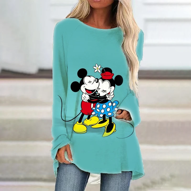 2024 Spring and Autumn Street 3D Printing New Slim Women's Long Sleeve Round Neck Minnie Fashion Casual Raglan Sleeve T-shirt