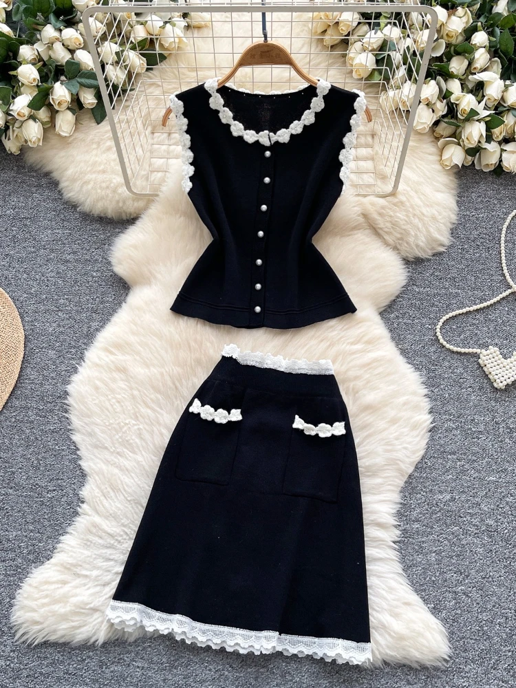 

Женские однобортные топы с круглым вырезом и эластичной кружевной юбкой, летний новый модный элегантный комплект из двух предметов