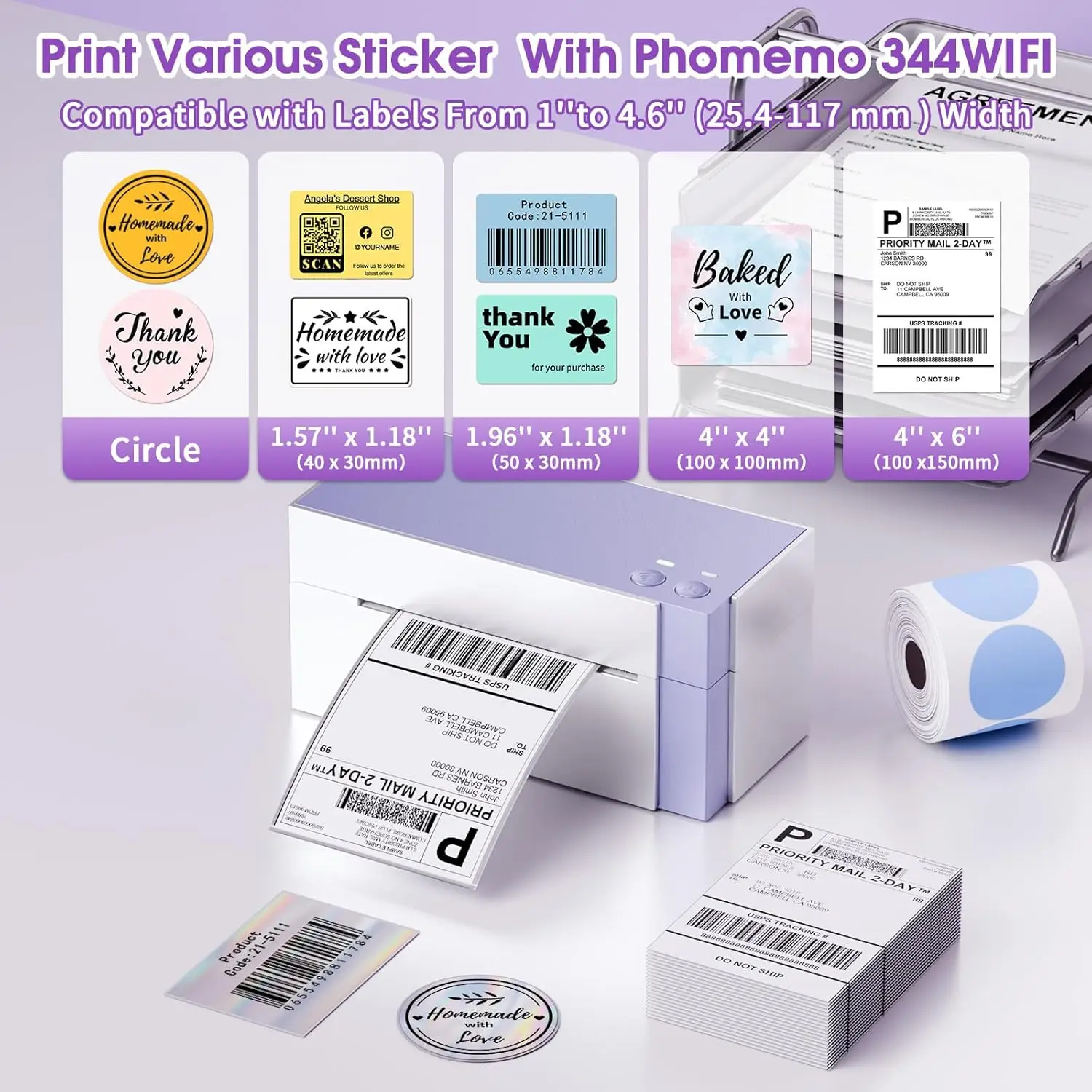 طابعة ملصقات حرارية WiFi 344WF، 300 نقطة في البوصة، 4 × 6 بوصة، متوافقة مع iOS، Android، PC، Etsy، eBay، USPS #5