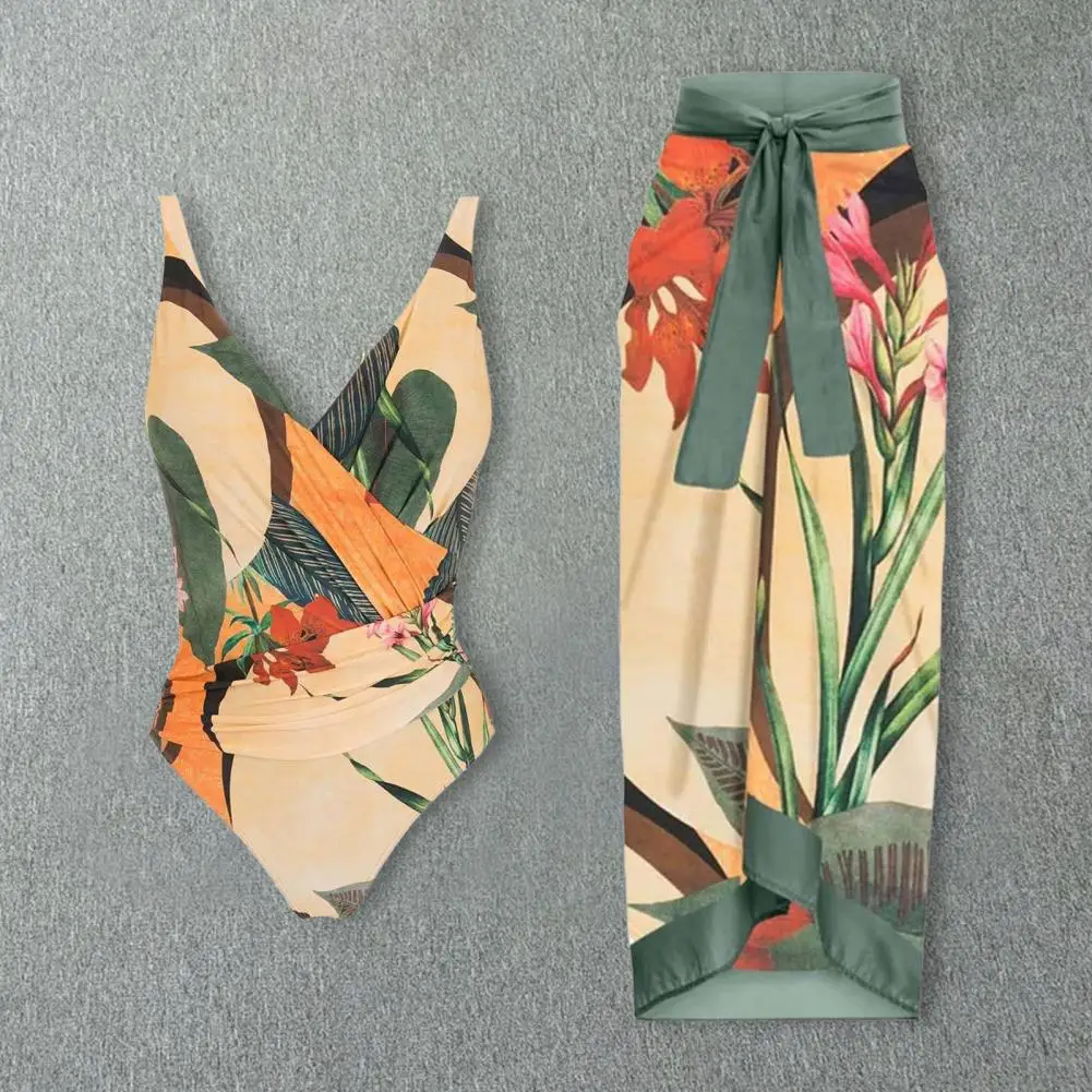 Conjunto de dos piezas para mujer, Monokini con estampado de flores y pintura al óleo, traje de baño Vintage, falda de playa