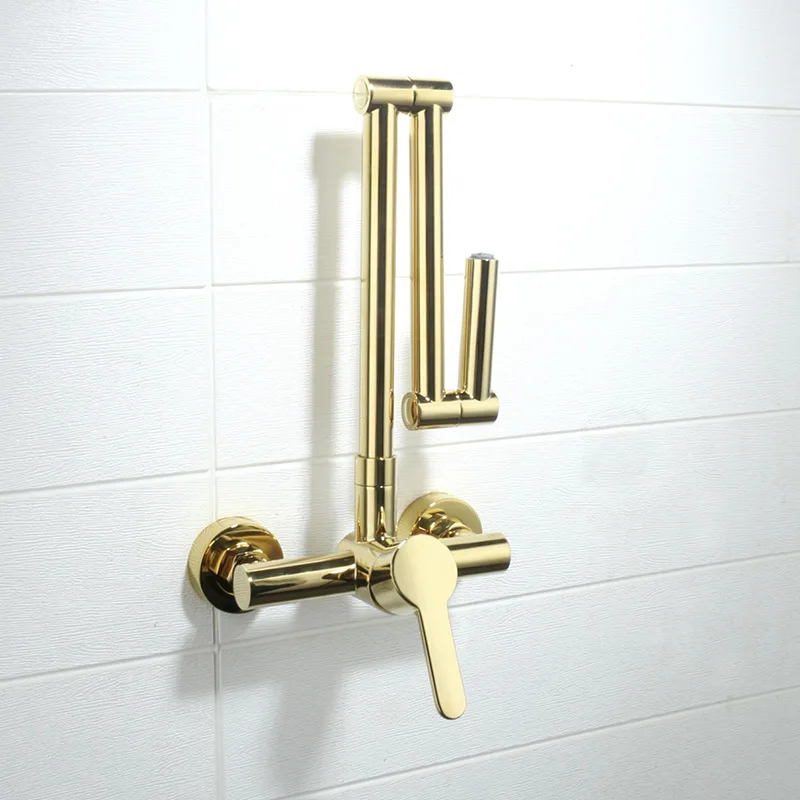 

One Handle Kitchen Folding Sink Faucet Wall Mounted Rotatable 360° Vessel Sink Faucet Double Hole Hot and Cold Mixer Tap Gold