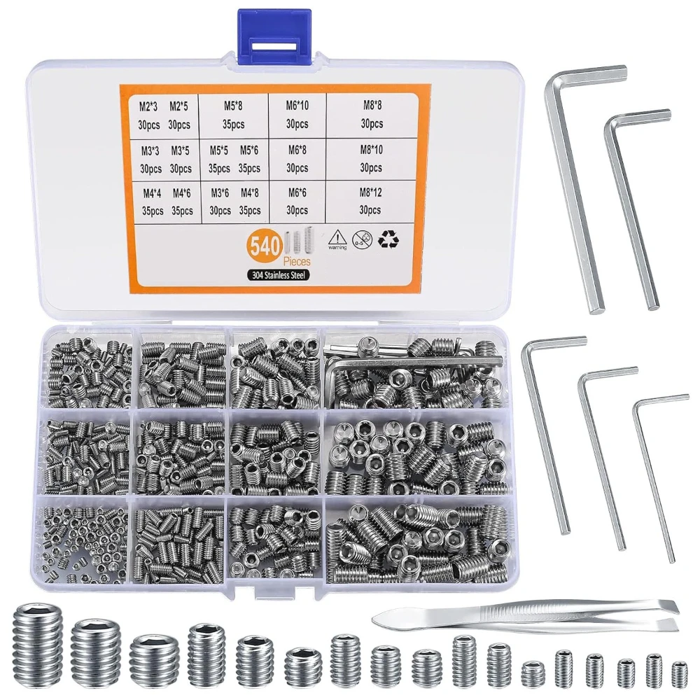 540pcs 304 Stainless Steel Hex Socket Machine Meter Screws Headless Stop Set Screw M2 M3 M4 M5 M6 M8 Machine Screws Wrench Clip