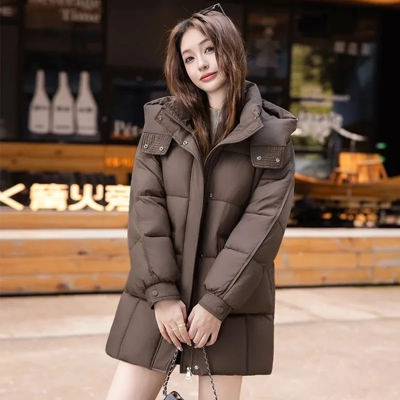 

2026 зимняя новая утепленная хлопковая куртка на пуху, женская модная свободная куртка средней длины с капюшоном, женское длинное пальто-парка большого размера