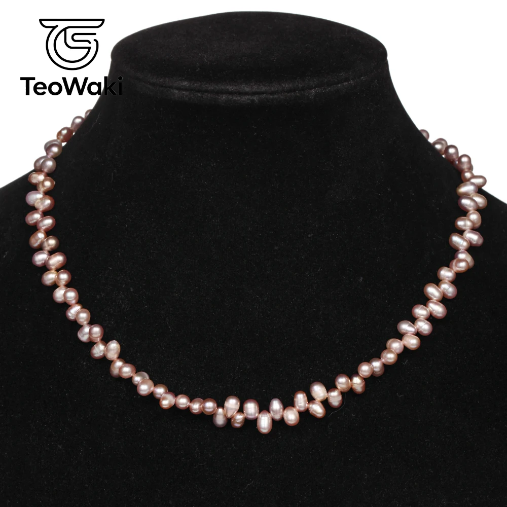 TeoWaki 5-6mm Natural Purple Nearly Round Three-Seven-Hole Pearl Necklace Daily Jewelry Best Birthday Sweet Holiday Gift 36+5cm