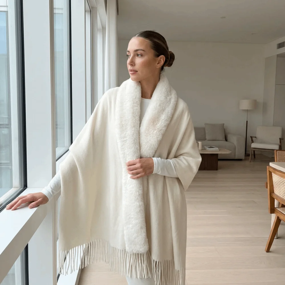 Chic Oversized Faux Fur Collar Shawl Tassel Soft Oversized Warm Cape Warm Lining Solid Color Wrap Poncho Women